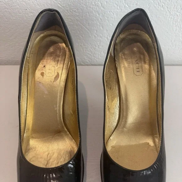 Vintage Coach Womens Pump Size 9 Black Patent Block Heel Platform Shoe Mob Wife - Picture 8 of 13